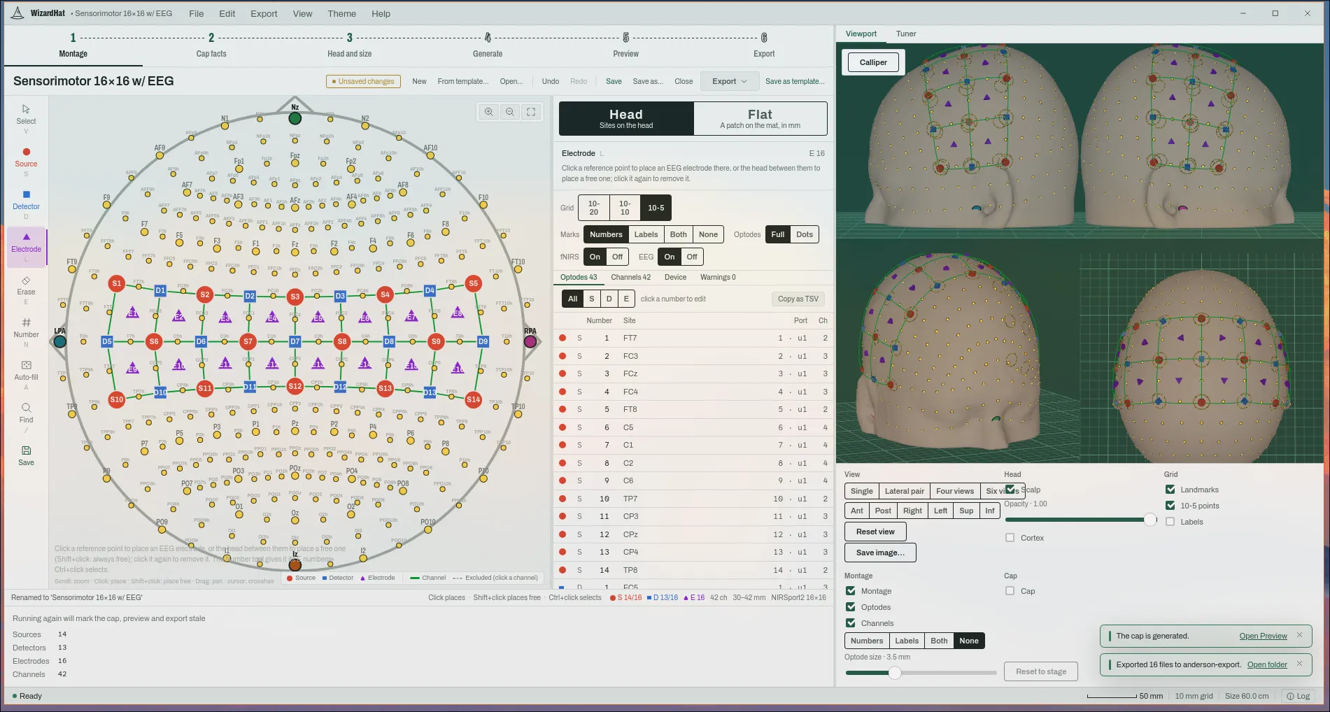 A sensorimotor montage with 16 EEG electrodes between its optodes, in the top view and on the head