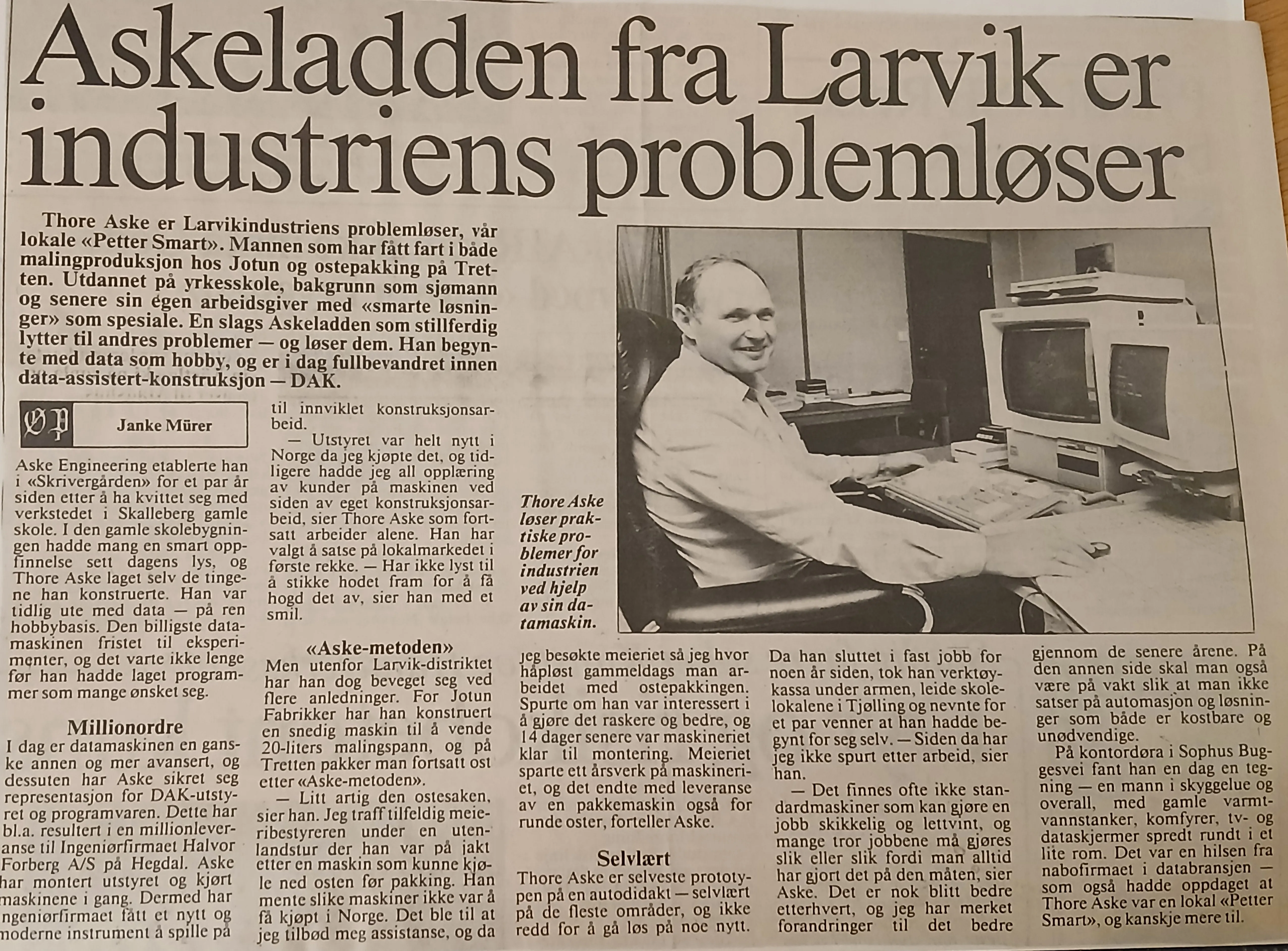 A c. 1980 Østlandsposten newspaper feature about Thore Aske at his desk, headlined 'Askeladden fra Larvik er industriens problemløser'.
