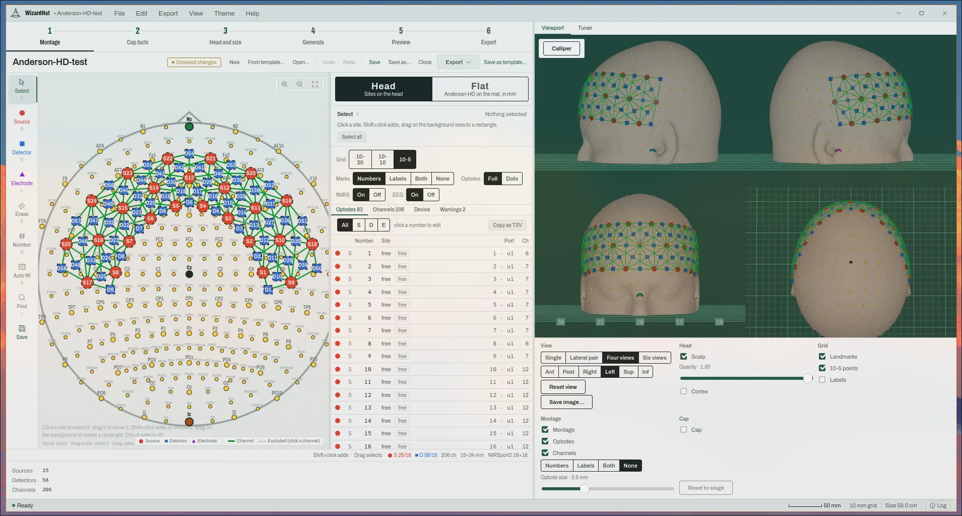 The Montage stage: a high-density montage of 25 sources and 58 detectors in a top view, its optode table, and the montage on a 3D head
