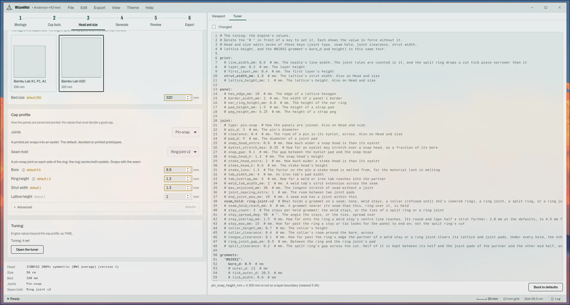 The Tuner tab: the engine’s values as YAML, each with its default and a comment