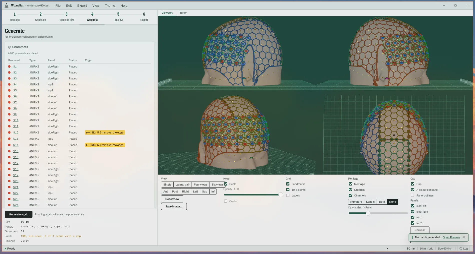 The Generate stage: a finished run, all 83 grommets placed, and the cap drawn on the head in a colour per panel