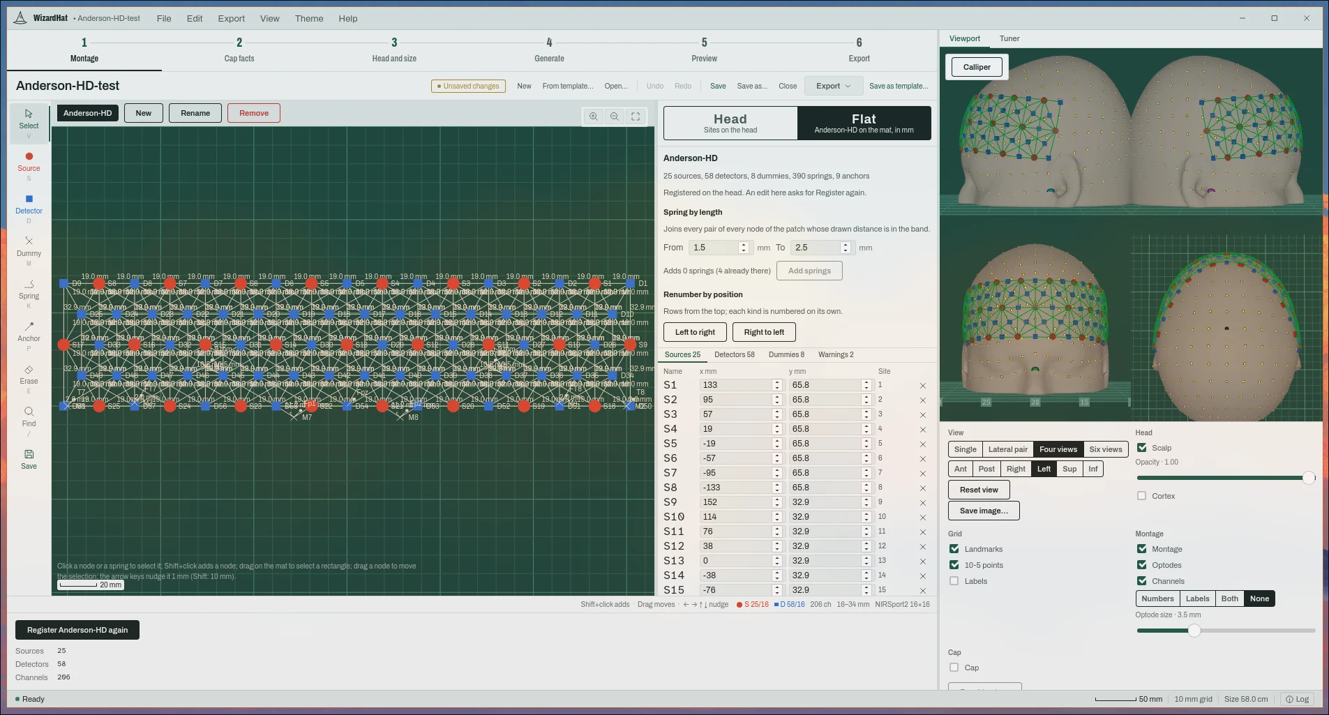 Flat mode: the Anderson-HD patch on the cutting mat, its source table, and the registered montage on the head.