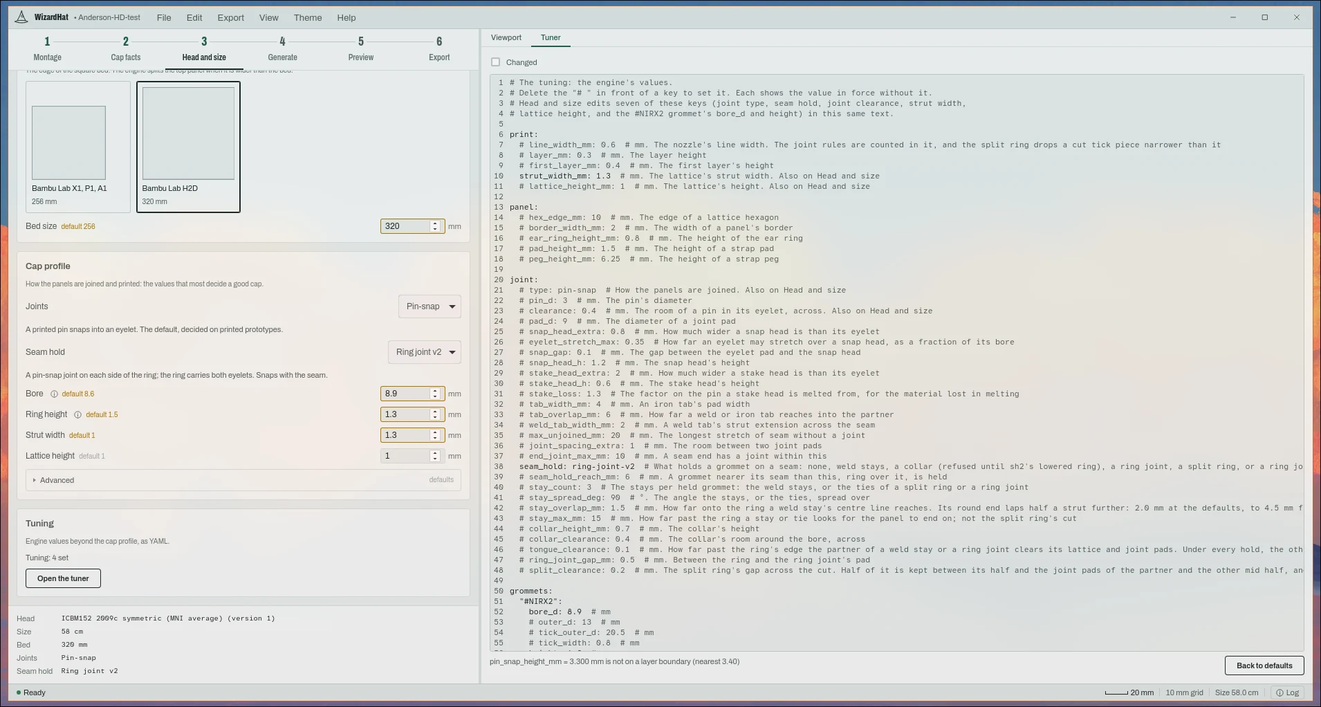 The Tuner tab: the engine's values as YAML, each with its default and a comment.