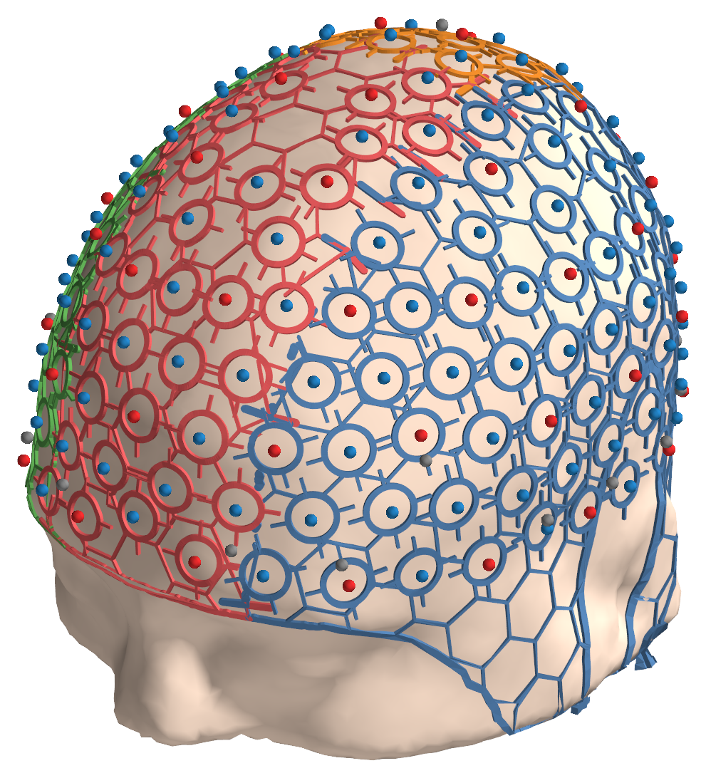 A whole-head cap from AdeptCap, panels coloured, on the head model.