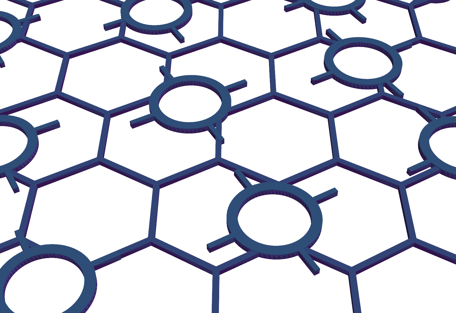 The printed lattice close up: hexagonal struts and ring holders.